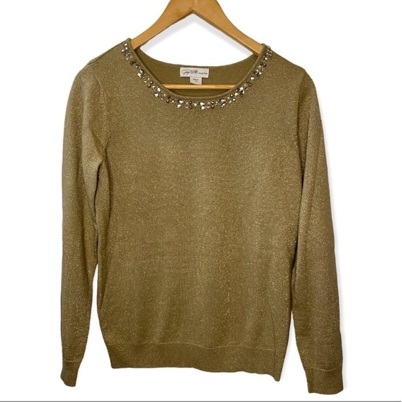 Jaclyn Smith Embellished Neckline Gold Sparkle Pullover Sweater​​​​ - Picture 1 of 5